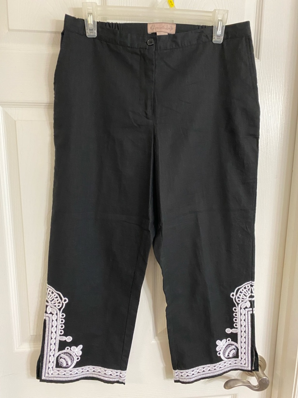 “Linen with Love” Black Ankle Pants with White Embroidered Hem